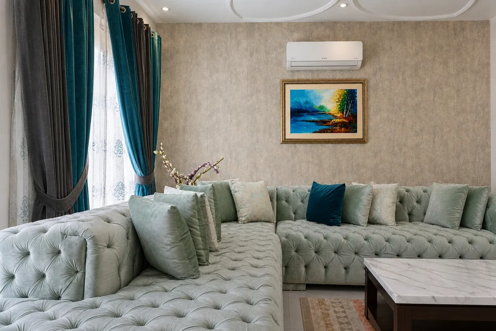 A corner of a delivered living room: a sage-green button-tufted velvet sectional under teal curtains, with a framed landscape painting on a stone-textured wall