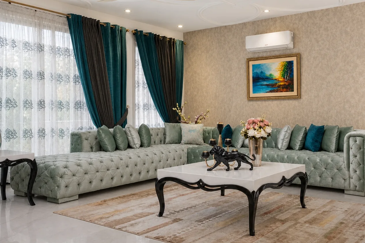 A completed living room in Chattogram: two sage-green button-tufted velvet sofas, a white marble centre table on carved black legs, teal curtains and a patterned rug