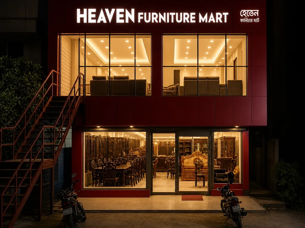 The Heaven Furniture Mart showroom on Agrabad Access Road at night, its illuminated sign lit above two floors of glass with carved furniture visible inside